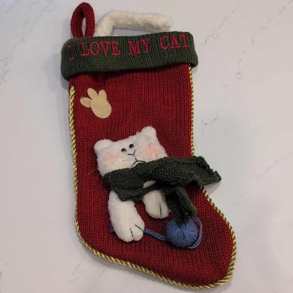 Chunky Knit Embroidered I Love My Cat Red And Green Christmas Stocking